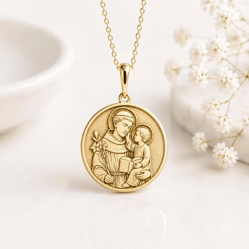 Luxe Amulet Saint Anthony gold medallion photographed with white flowers