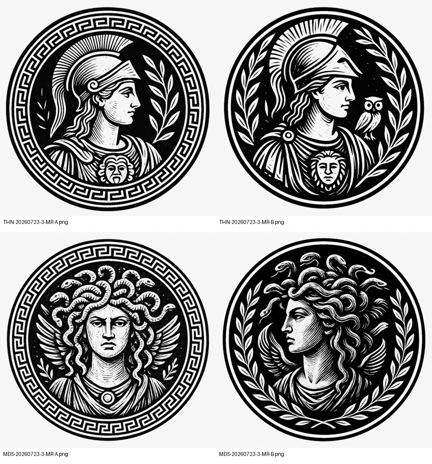 Luxe Amulet Athena and Medusa medallion design studies from the studio archive