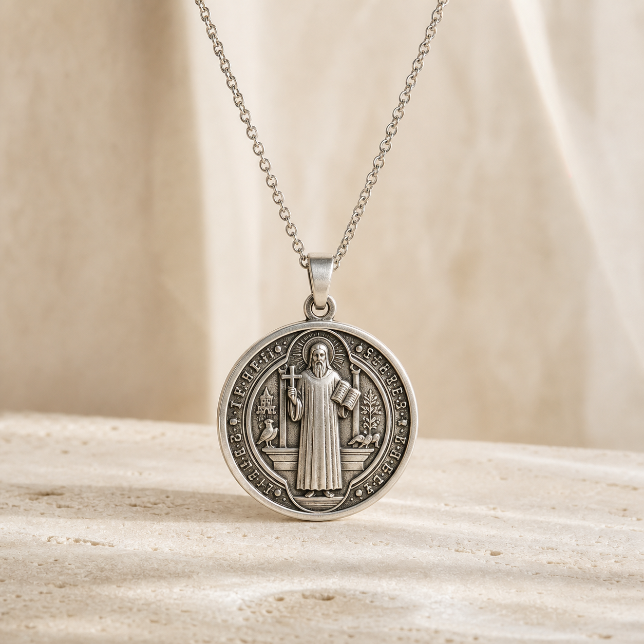 Antique sterling silver Saint Benedict medal necklace on warm ivory stone